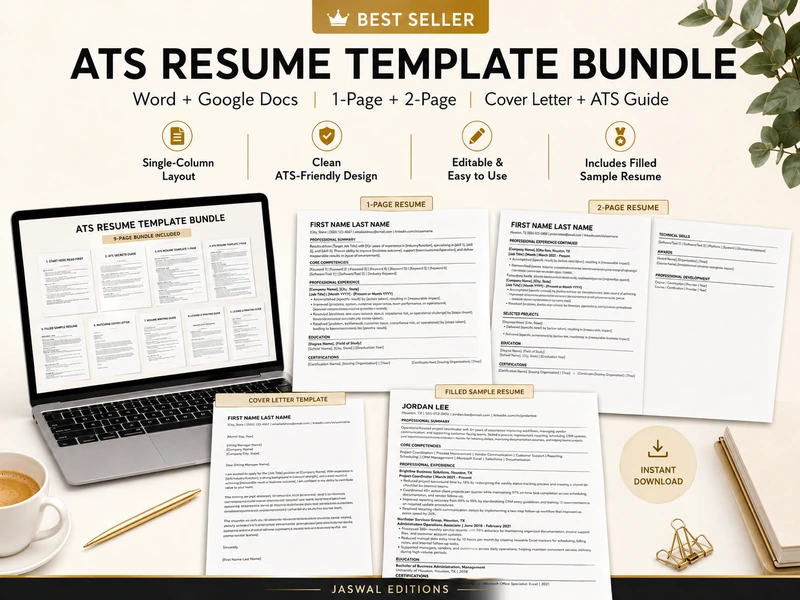 ATS resume template bundle preview with resume pages, cover letter, and guide