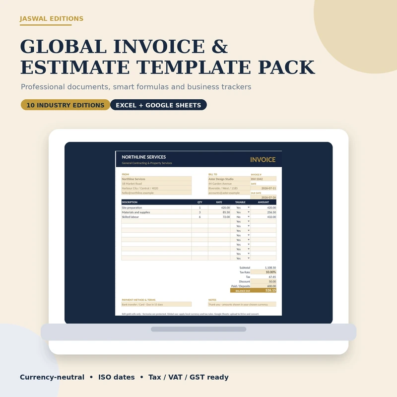 Global invoice and estimate template pack preview with a professional service-business invoice
