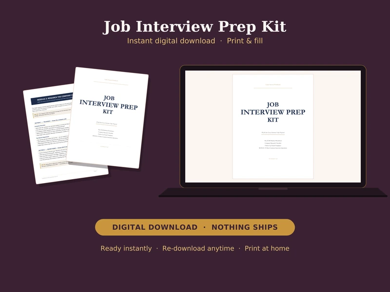 Job interview prep kit preview with digital download cover and workbook pages