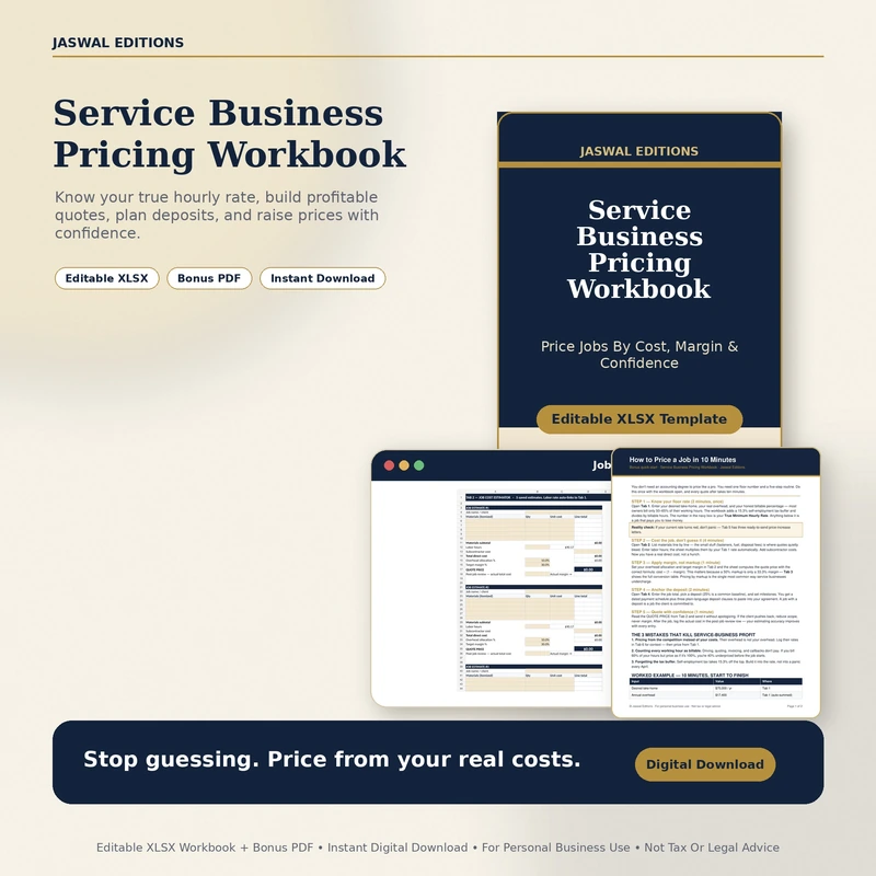 Service business pricing workbook cover — hourly rate and job cost estimator for Excel and Google Sheets