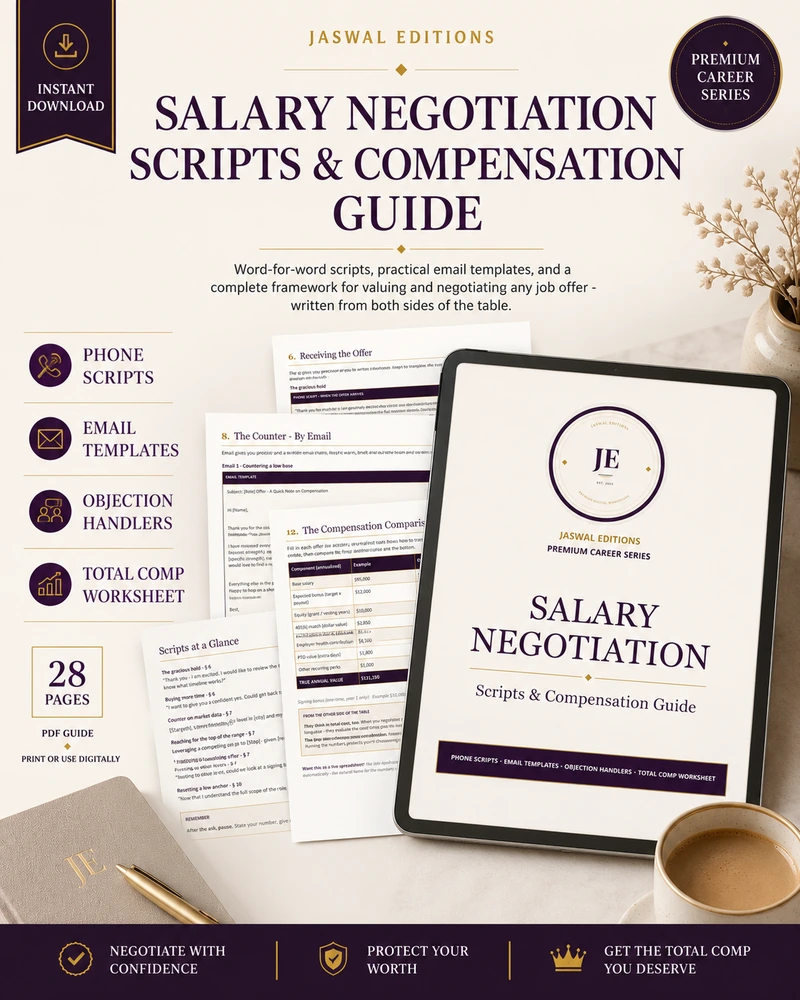 Salary negotiation guide cover with scripts, email templates, and a compensation worksheet